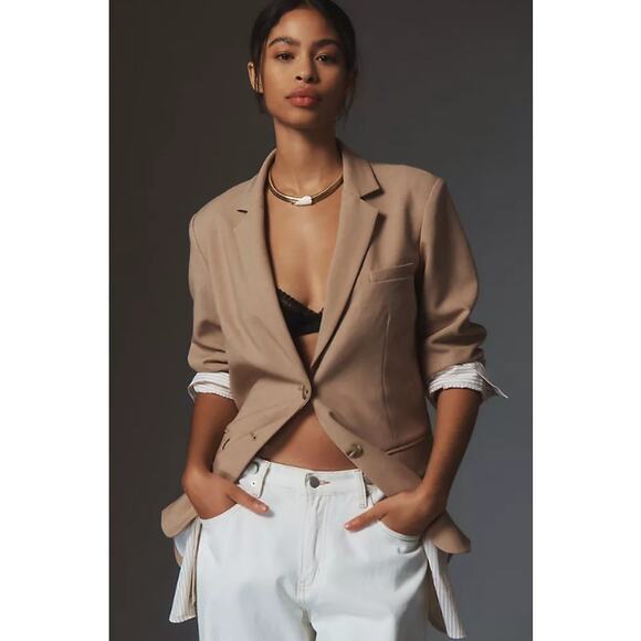 Anthropologie Maeve The Bennet Twofer Blazer Striped Shirttail Hem Jacket Tan - Picture 2 of 16